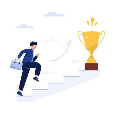 Person climbing stairs towards trophy
