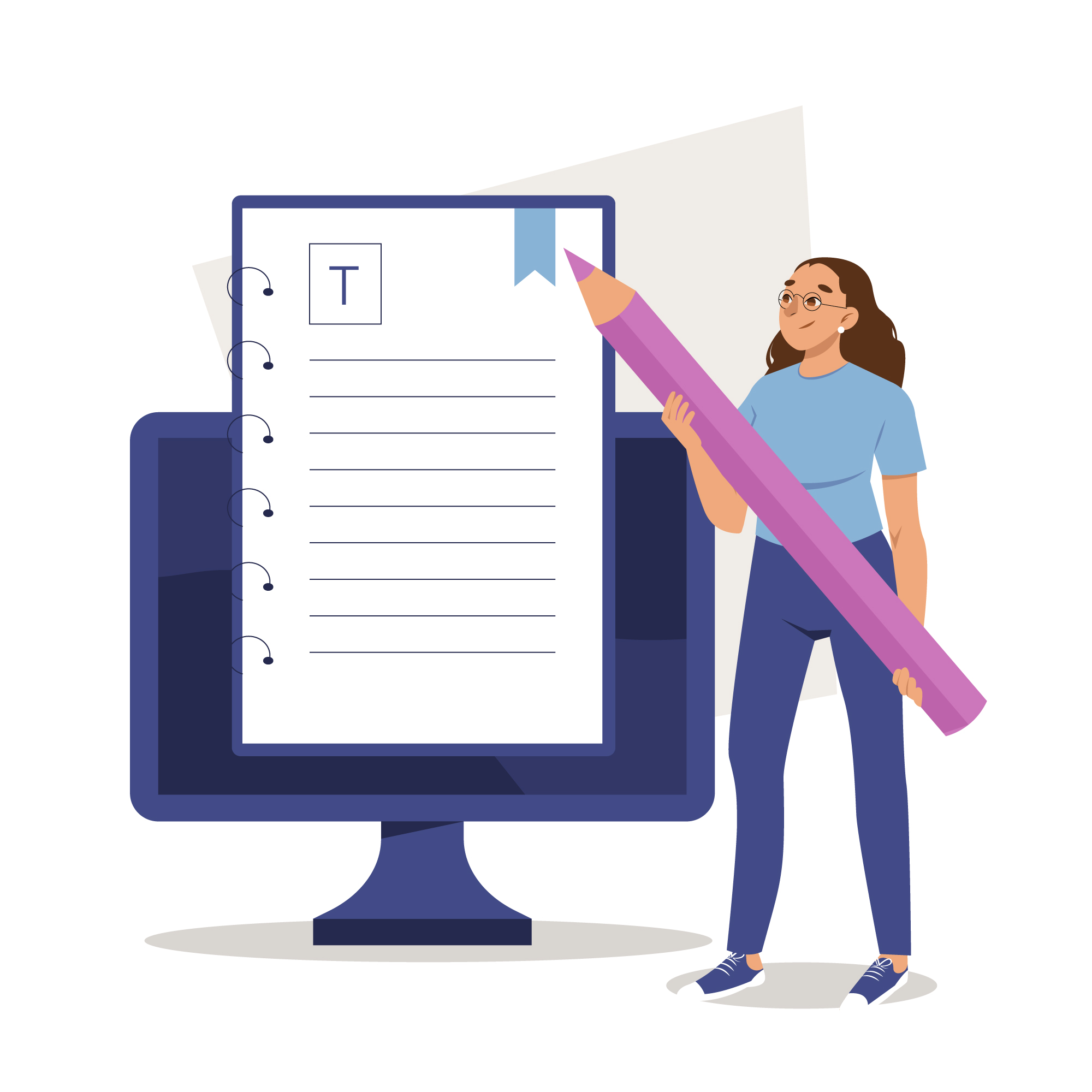 Illustration of a person standing with a large pencil next to a checklist labeled TEST on a laptop screen.